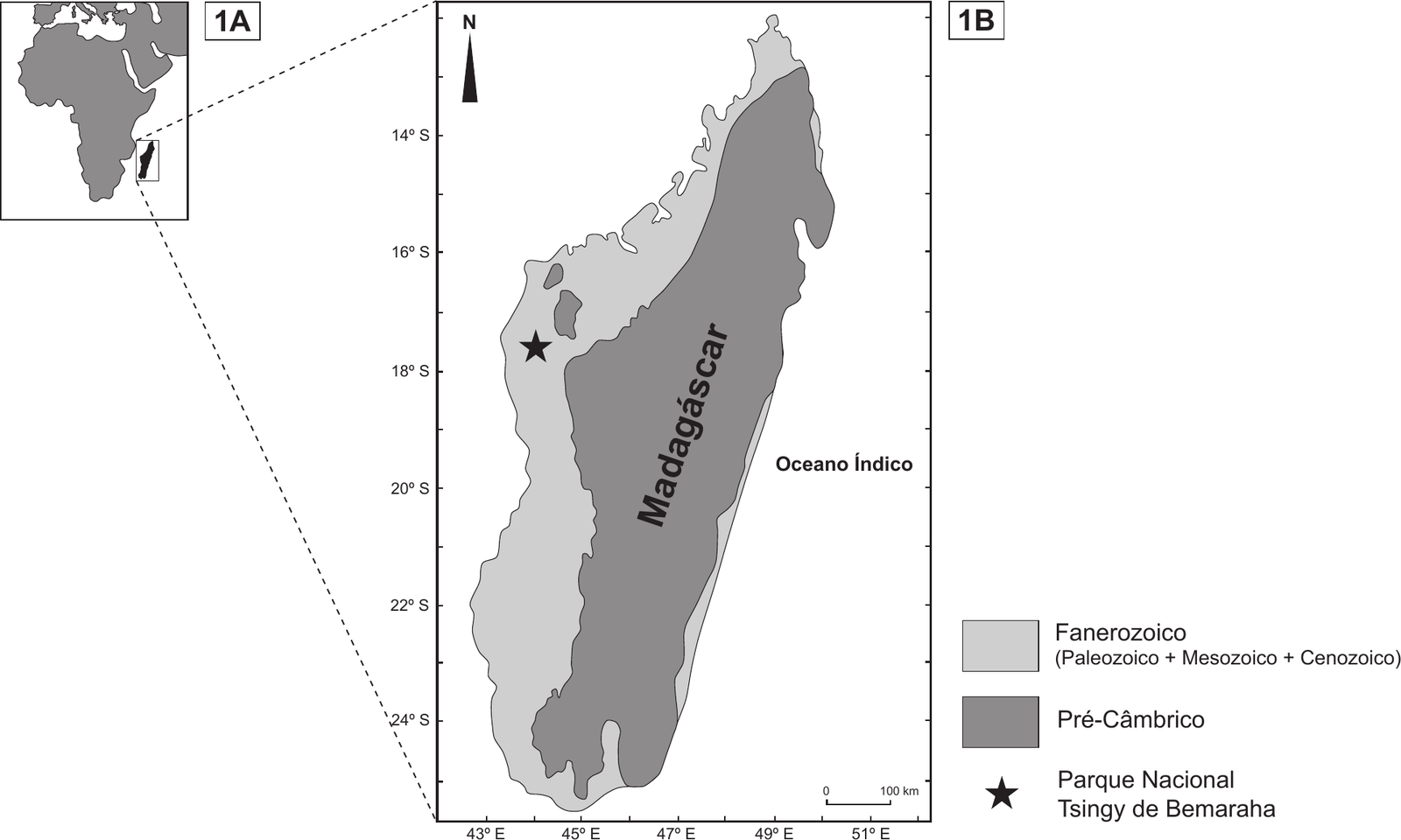 Figura composta por duas partes, lado a lado. À esquerda, num pequeno quadro com a etiqueta «1A», o mapa de África (e do extremo sul da Europa e do Médio Oriente), com a terra a cinzento; sobre a ilha de Madagáscar, ao largo da costa sudeste de África, um pequeno retângulo de onde partem duas linhas tracejadas que o ligam ao mapa ampliado. À direita, num quadro com a etiqueta «1B», o mapa geológico simplificado da ilha de Madagáscar: seta do norte («N») no canto superior esquerdo; latitudes à esquerda (14º S, 16º S, 18º S, 20º S, 22º S, 24º S) e longitudes em baixo (43º E, 45º E, 47º E, 49º E, 51º E); o nome «Madagáscar» escrito na diagonal sobre a ilha e «Oceano Índico» a leste da ilha; escala gráfica «0 — 100 km» no canto inferior direito. A ilha está dividida em duas manchas: uma cinzenta-escura, «Pré-Câmbrico», que ocupa a zona central e quase toda a metade leste, do norte ao sul da ilha; e uma cinzenta-clara, «Fanerozoico (Paleozoico + Mesozoico + Cenozoico)», que ocupa uma faixa larga a oeste, de norte a sul, e uma faixa estreita no extremo norte e ao longo da costa leste. Dentro da faixa clara ocidental, por volta dos 17º S, há duas pequenas manchas escuras isoladas. Uma estrela preta, «Parque Nacional Tsingy de Bemaraha», está na faixa clara ocidental, por volta dos 18º S e dos 44º E. Legenda à direita do mapa, de cima para baixo: retângulo cinzento-claro — «Fanerozoico (Paleozoico + Mesozoico + Cenozoico)»; retângulo cinzento-escuro — «Pré-Câmbrico»; estrela preta — «Parque Nacional Tsingy de Bemaraha».