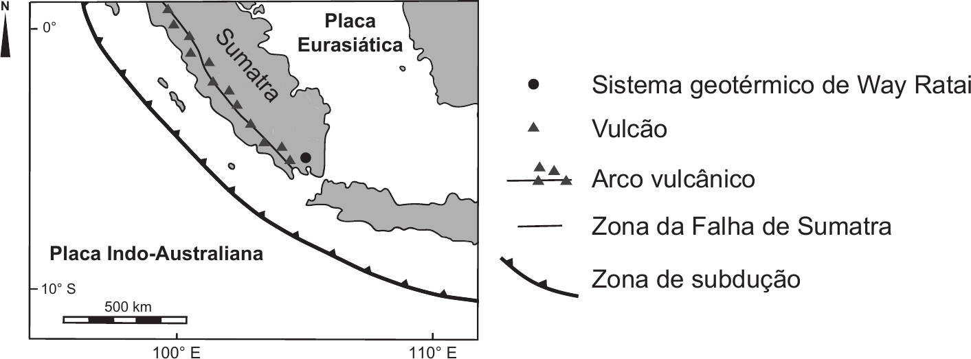 Mapa esquemático da região de Sumatra e de Java, dentro de uma moldura, com a seta do norte («N») à esquerda. Terra a cinzento, mar a branco. Coordenadas: «0º» e «10º S» à esquerda; «100º E» e «110º E» em baixo; escala gráfica «500 km» no canto inferior esquerdo. A ilha de Sumatra, alongada, atravessa o mapa na diagonal, de noroeste para sudeste, com o nome «Sumatra» escrito ao longo dela; ao longo da sua parte ocidental, uma linha com pequenos triângulos pretos — o arco vulcânico — e, paralela a ela, uma linha fina (Zona da Falha de Sumatra). Um ponto preto no extremo sudeste da ilha marca o Sistema geotérmico de Way Ratai. A nordeste, «Placa Eurasiática» (a negrito). No mar, a oeste e a sul de Sumatra e de Java, uma linha grossa curva com pequenos triângulos pretos voltados para a ilha (zona de subdução), que contorna o mapa de noroeste para sudeste; a sudoeste dela, «Placa Indo-Australiana» (a negrito). Legenda à direita: ponto preto — «Sistema geotérmico de Way Ratai»; triângulo — «Vulcão»; linha com triângulos — «Arco vulcânico»; linha fina — «Zona da Falha de Sumatra»; linha grossa com triângulos — «Zona de subdução».
