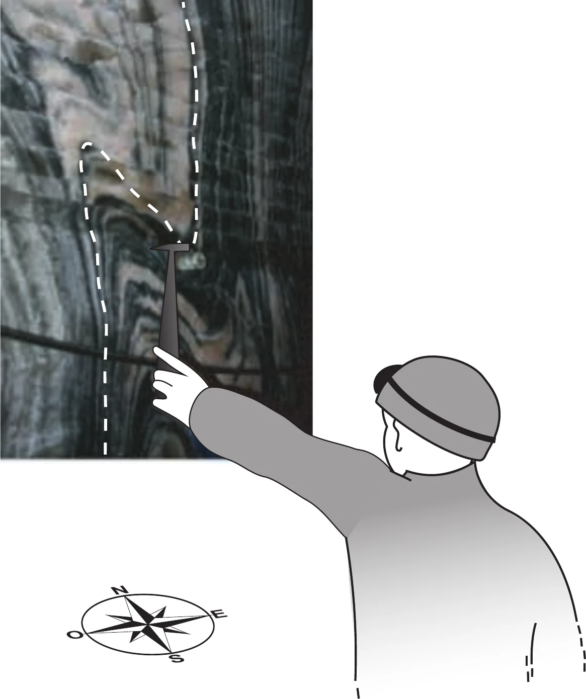 Fotografia de uma parede da mina de sal, com bandas escuras e claras de sal-gema intensamente dobradas; uma linha tracejada branca contorna uma dobra apertada com a charneira virada para cima e os flancos quase verticais. À frente da fotografia, o desenho de um homem de costas, com gorro, que aponta para a dobra com um martelo de geólogo. Em baixo, à esquerda, uma rosa dos ventos em perspetiva com N, E, S e O.