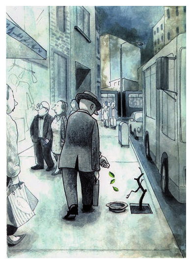 Cartoon «Reflorestação», de Victor Solís, em aguarela, a cores frias (cinzentos e azuis-esverdeados). Rua de uma cidade, vista ao longo do passeio: prédios altos de ambos os lados, um toldo e uma montra à esquerda, um autocarro e um automóvel estacionados à direita, outro autocarro e um grupo de peões ao fundo, céu escuro e carregado. No centro, de costas, um homem de fato, chapéu e pasta na mão esquerda caminha pelo passeio e, com a mão direita aberta, deixa cair três folhas verdes (a única cor viva da imagem) num chapéu virado para cima, pousado no chão. Ao lado do chapéu, uma árvore pequena, seca e sem folhas, numa caldeira quadrada do passeio, com um ramo erguido como um braço estendido. À esquerda, um casal de idosos (ele de óculos e laço, ela de vestido) olha para a montra, e uma mulher, cortada pela margem, segura um saco de compras. Recortar da página 8 do enunciado.